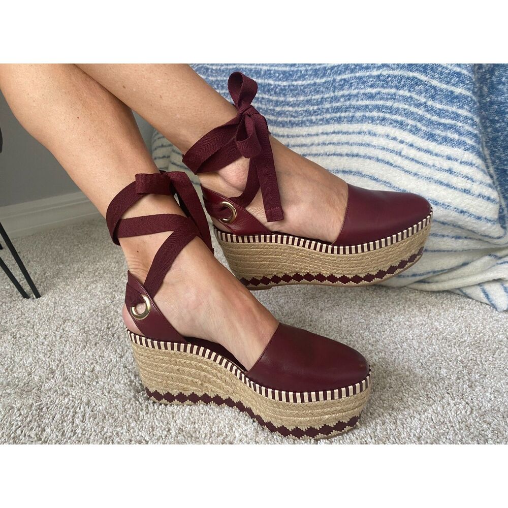 TORY BURCH Port Dandy Bordeaux Leather Strappy Espadrille Platforms Size 8